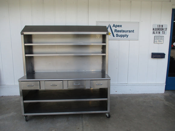 All Stainless-Steel Table with upper and lower shelves and drawers, #8934